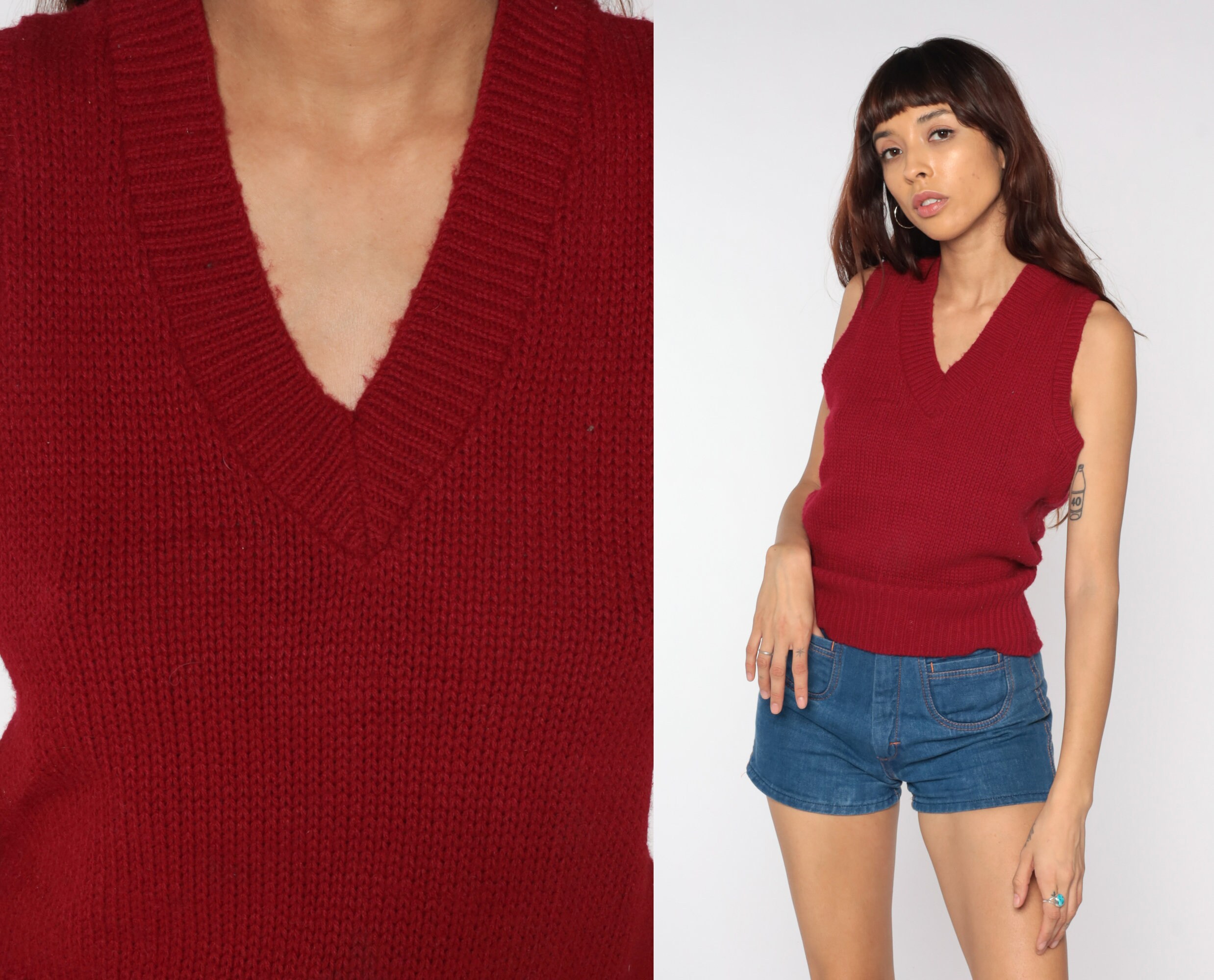 Burgundy Sweater Vest Top 80s Knit Tank Top Sleeveless Nerd 1980s Boho