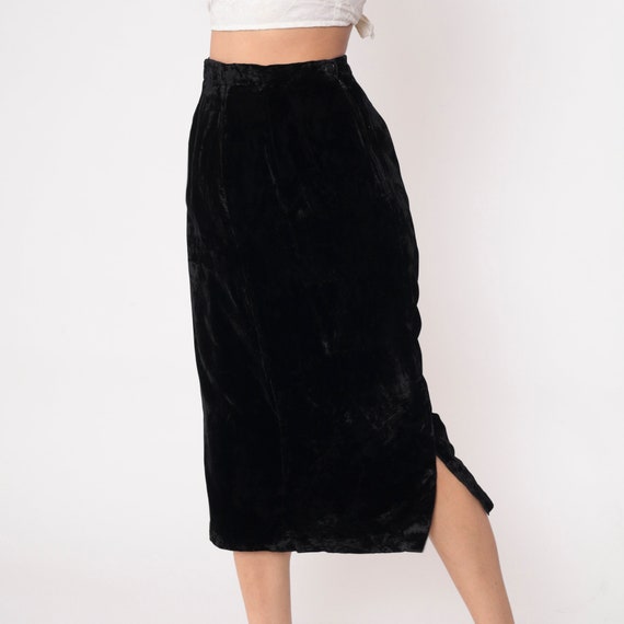 Black Velvet Skirt 90s Side Slit Pencil Skirt High Waisted Midi Skirt Goth Party Retro Boho Chic Gothic Vintage 1990s Small 28
