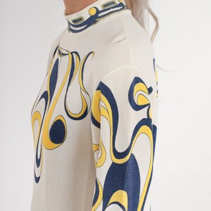 70s Psychedelic Blouse Mod Top Abstract Swirl Print Mock Neck Shirt Groovy Seventies Long Sleeve White Blue Yellow Vintage 1970s Small S image 6