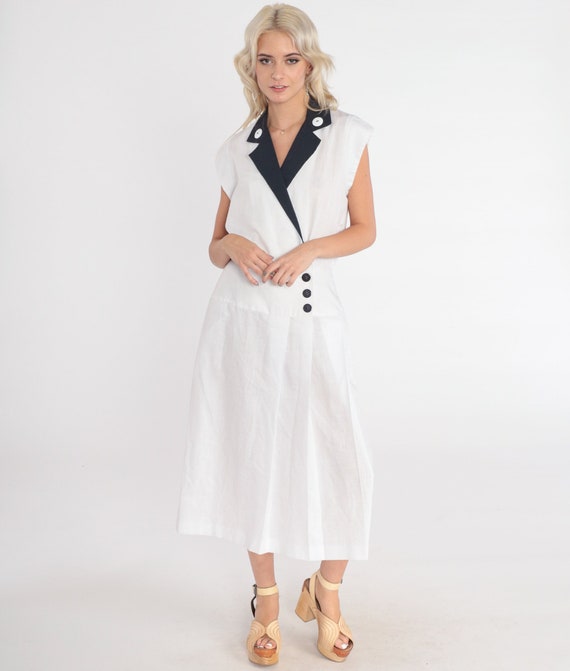 White Midi Dress 80s Wrap Dress Black Collared Blouson Button up Drop Waist Cap Sleeve Retro Chic Preppy Jackie O Vintage 1980s Small S