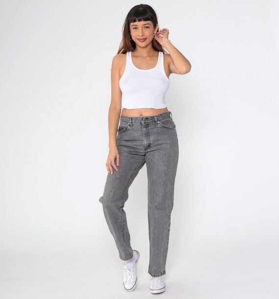 Faded Black Jeans 90s Lee Jeans Mid Rise Straight Tapered Leg Retro Denim Pants Streetwear Casual Rocker Grunge Vintage 1990s Medium M 32