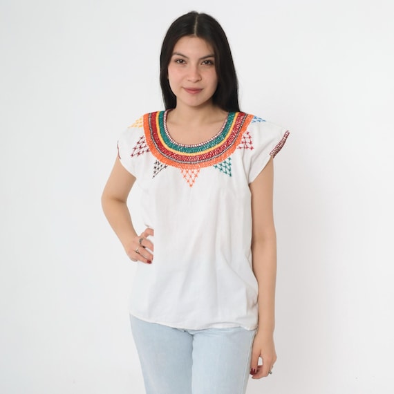 Vintage Mexican Embroidered Blouse 90s White Cotton Cap Sleeve Boho Festival Top 1990s Colorful Folk Art Medium M