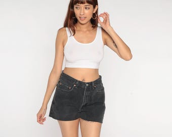 Y2K Levi's 550 Shorts Black Denim Cut Off Raw Hem High Waisted Cotton Vintage Relaxed Fit Grunge Streetwear Festival Size 33 Medium