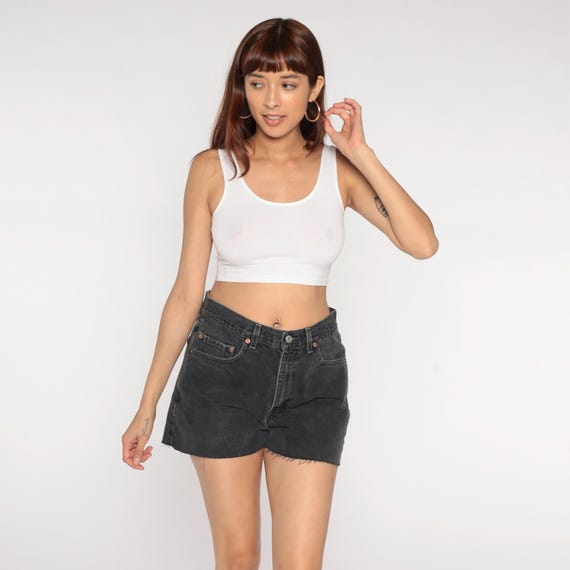 Y2K Levi's 550 Shorts Black Denim Cut Off Raw Hem High Waisted Cotton Vintage Relaxed Fit Grunge Streetwear Festival Size 33 Medium