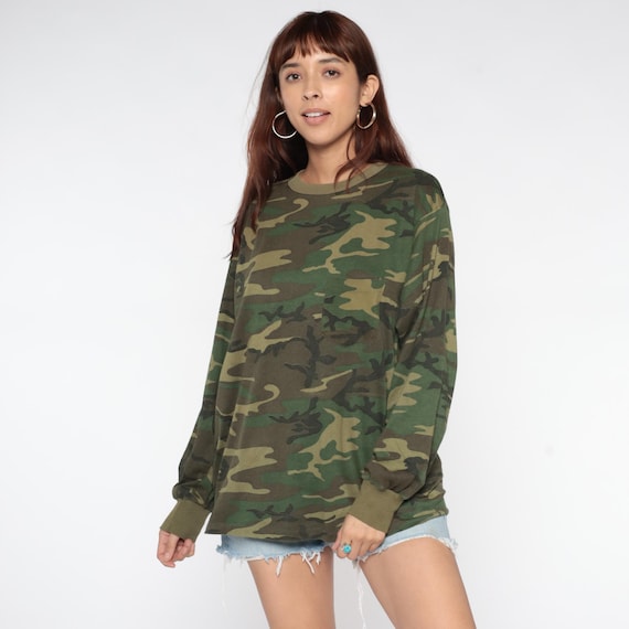 Camo Long Sleeve Shirt 90s Woodland Top Camouflage Grunge Streetwear Army Green Military Print Hunting Outdoors Hiking Wear Extra Large XL