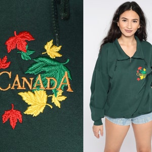 Canada Sweatshirt 90s Green Quarter Zip Sweatshirt Slouchy Jumper Pullover 1990s Graphic Travel Vintage Large L image 1