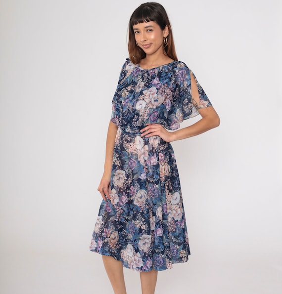 Floral Midi Dress 70s Navy Blue Boho Chic Flutter Sleeve Dress 1970s Bohemian Vintage High Waist Retro Disco Split Sleeve Small Medium
