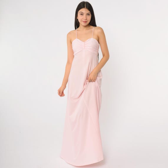 70s Pink Maxi Dress Spaghetti Strap Empire Waist Floor Length Back Zip Vintage 1970s Pastel Prom Disco Evening Gown Extra Small XS 11-12