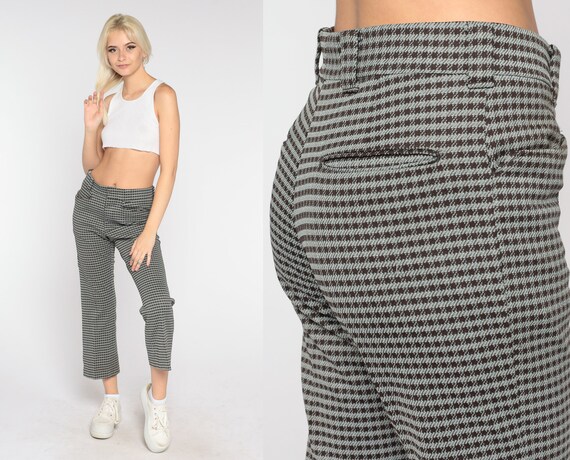 70s Levis Trousers Brown Houndstooth Pants Grey Checkered High Waist Straight Leg Slacks Cropped Ankle Pants Hippie Vintage 1970s Medium 31