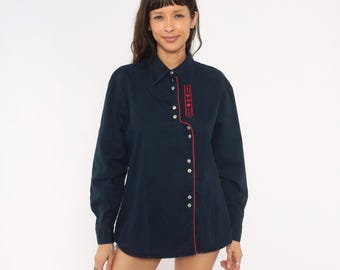 Wrangler Western Shirt uit de jaren 90, blauw, geborduurd met diamantvormige drukknopen, lange mouwen, kraag, rode bies, vintage cowboystijl, extra groot (XL).