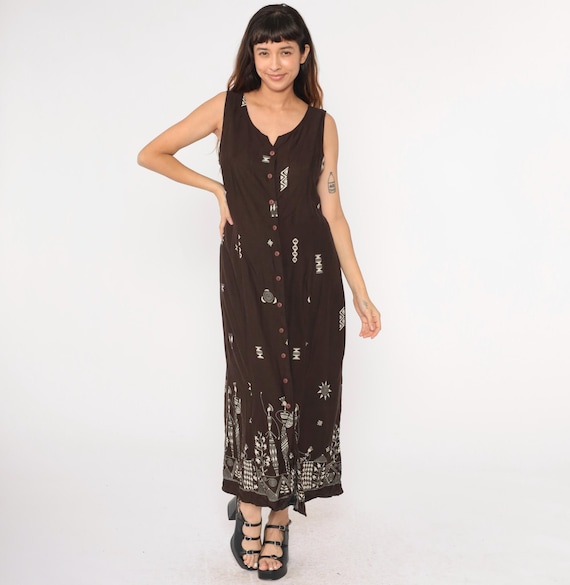 Y2K African Print Dress Brown Button up Maxi Dress Geometric Print Dress Sleeveless Cage Back Summer Hippie Vintage 00s Boho Sundress 16 xl