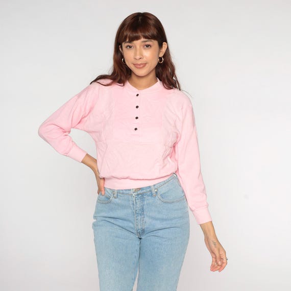 Baby Pink Sweatshirt 80s 90s Pastel Ribbed Sweater Henley Snap High Neck  Retro Girly Plain Pullover Crewneck Vintage 1990s Medium M