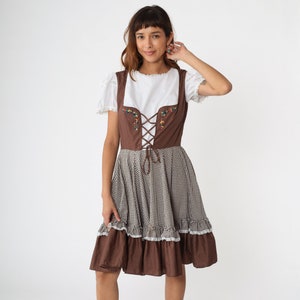 Gingham Prairie Dress 80s Midi Dress Puff Sleeve Brown Ruffled Corset Country Square Dance Cottagecore High Waist Vintage 1980s Medium Large