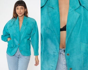 Suede Leather Blazer Jacket 80s Turquoise Western Jacket Southwest V Neck Bohemian 1980s Boho Hippie Vintage Power Shoulder Button Up Small