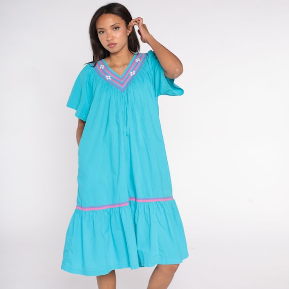 Turquoise Blue Tent Dress 90s Cotton Midi Dress Pink Purple Trim Sundress Peasant Flowy Trapeze Hippie Summer Tiered Vintage 1990s Medium M