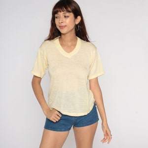 Yellow Knit Shirt 70s V Neck T-Shirt Short Sleeve Sweater Top Semi-Sheer Plain Retro TShirt Knitwear Vintage 1970s Small S