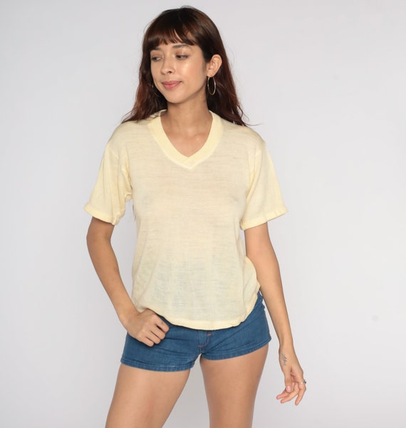 Yellow Knit Shirt 70s V Neck T-Shirt Short Sleeve Sweater Top Semi-Sheer Plain Retro TShirt Knitwear Vintage 1970s Small S