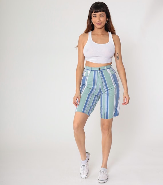 Y2K Striped Shorts Blue Mint Green White Vertical Stripe High Waist Bermuda Cotton Anchor Blue Vintage Summer Pockets Casual Beach Small S