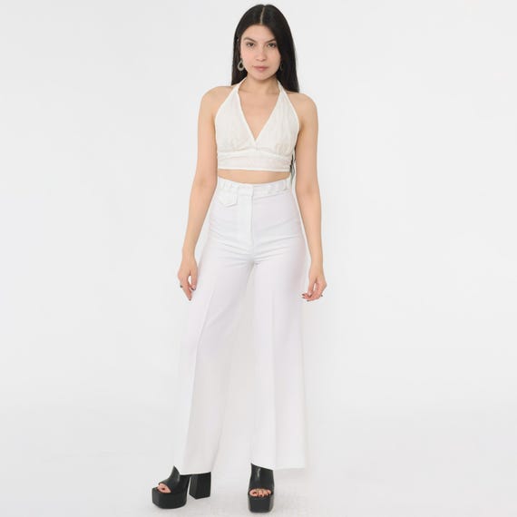 70s Bell Bottoms Pants White Boho Hippie Bellbottom Polyester Trousers High Waist 1970s Vintage Bohemian College Town Extra Small xs 00