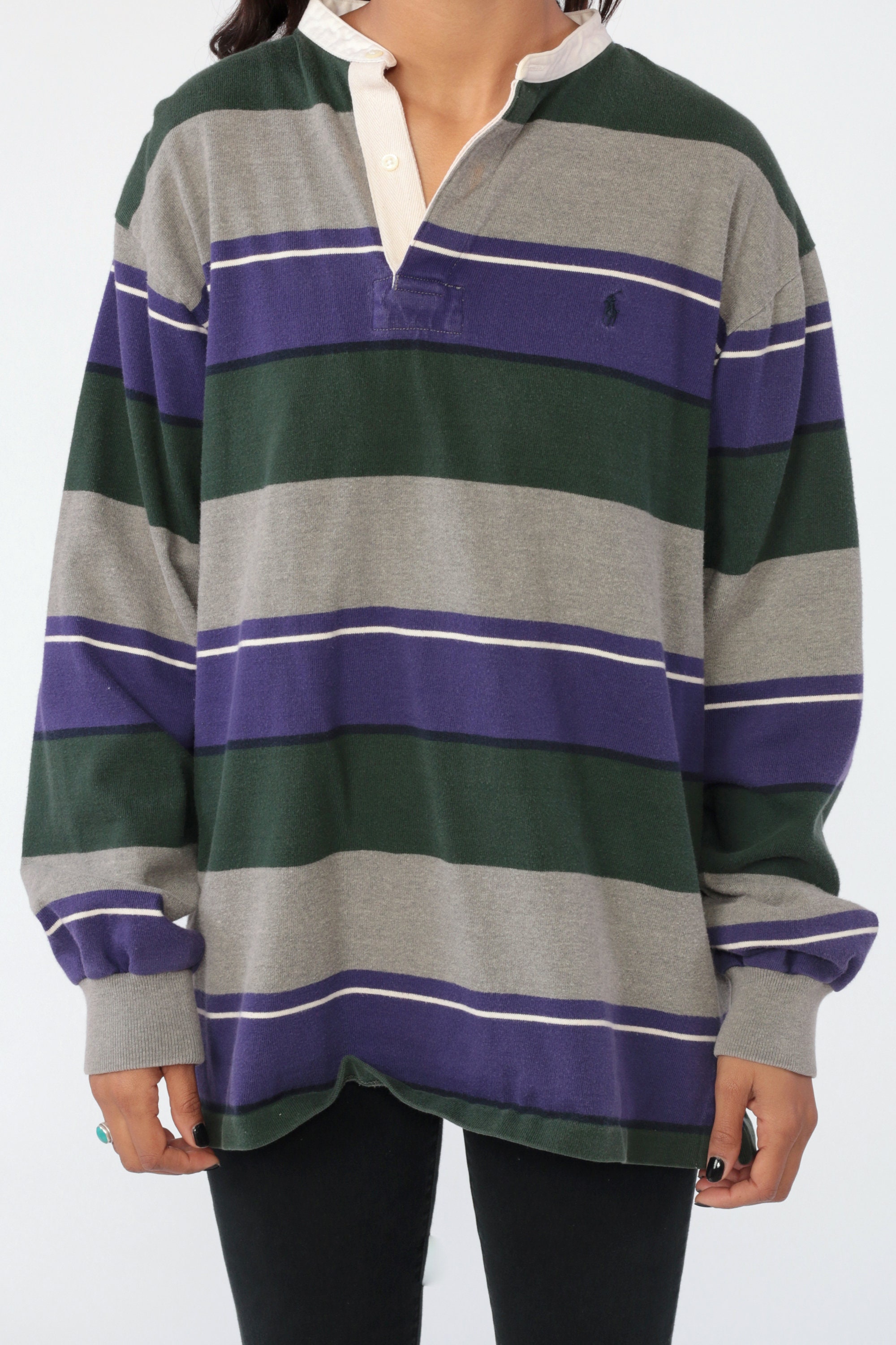 Ralph Lauren Polo Shirt 90s Grunge Striped Long Sleeve Purple Baggy