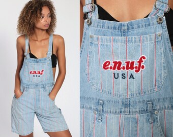 Bib Overalls 90s Denim STRIPED Shorts Jeans Shortalls Women ENUF Grunge 1990s Blue Red Streetwear Utility Vintage Small