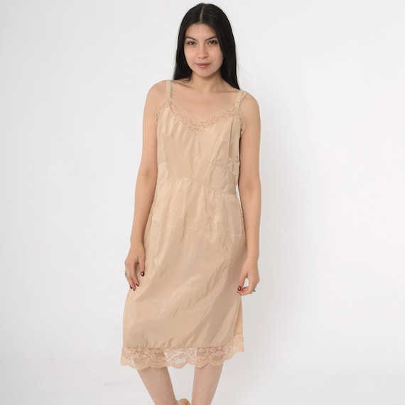 Vintage Beige Nylon Slip 60s Nude Full Length Lace Trim Spaghetti Strap Delicate Sheer Lingerie Nightgown 1960s Feminine High Waist Medium M
