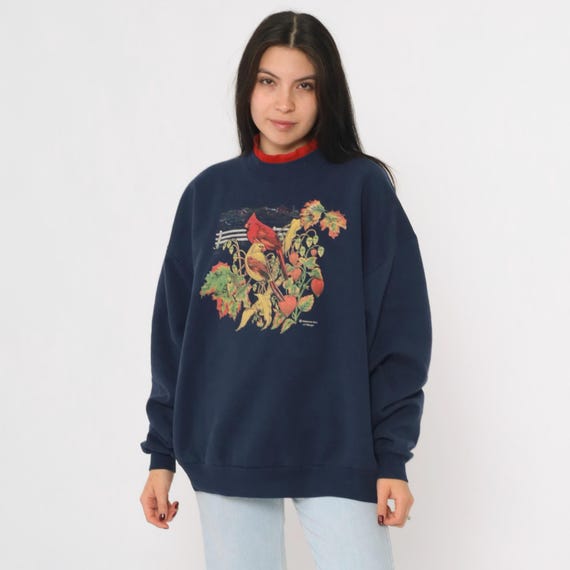 Vintage Cardinal Sweatshirt 90s Morning Sun Farm Scene Graphic Bird Crewneck Navy Blue Sweater 1990s Nature Pullover Retro Extra Large xl