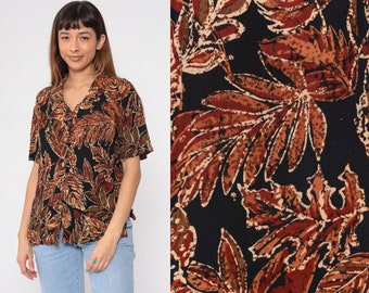 Tropical Leaf Blouse 90s Button up Shirt Black Red Green Orange Botanical Print Top Summer Short Sleeve Hippie Boho Vintage 1990s Medium M