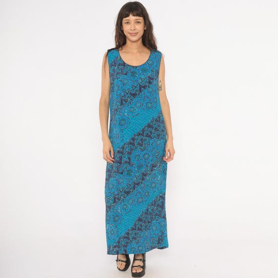 90s Batik Floral Maxi Dress Teal Navy Sleeveless Scoop Neck Tank Column Shift Semi Sheer Summer Tropical Blue Black Vintage Extra Large XL