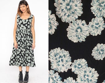 90s Floral Dress Black Rayon Flower Sundress Boho Scoop Neck Sun Bohemian High Waist Midi 1990s Sleeveless Vintage Teal White Large L