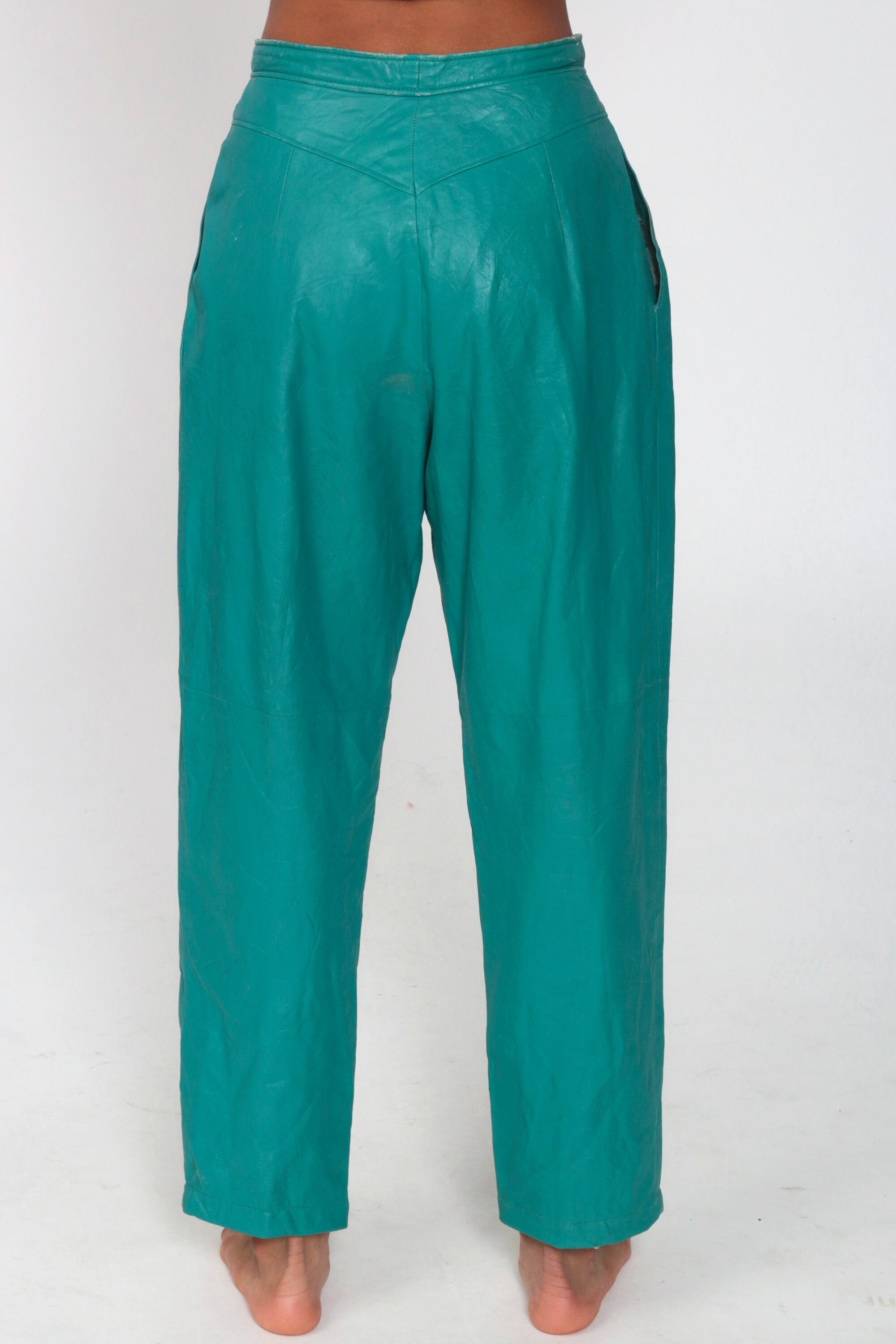 90s Leather Pants Green High Waisted TEAL Pants YOKE Pants 80s Trousers Baggy Pants Vintage 