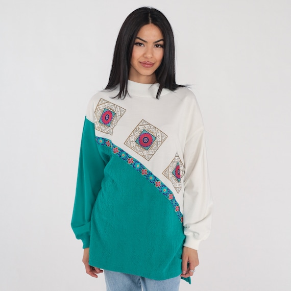 Floral Shirt 90s Color Block Long Sleeve T-Shirt Textured Floral Tile Print Tee Retro Crewneck Pullover White Green Vintage 1990s XL 1x