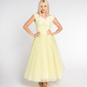 Yellow Chiffon Gown 60s Party Dress Lace Trim Maxi Pastel Cocktail High Waisted Full Skirt Formal Prom Sixties Vintage 1960s Extra Small xs