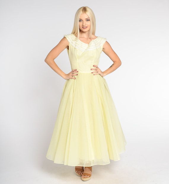 Yellow Chiffon Gown 60s Party Dress Lace Trim Maxi Pastel Cocktail High Waisted Full Skirt Formal Prom Sixties Vintage 1960s Extra Small xs