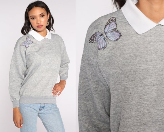 Collared BUTTERFLY Sweatshirt 90s Grey Graphic Sweatshirt 80s Sweater Vintage Shirt Medium