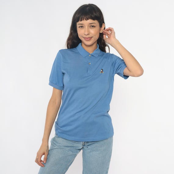 80s Mickey Mouse Polo Blue Embroidered Short Sleeve Collar Preppy Collegiate Vintage Casual Top Shirt Cornflower Sky Baby Blue Medium M