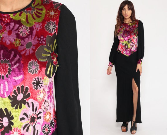 Boho Maxi Dress VELVET Dress 70s Floral Print HIGH SLIT Dress Velvet Burnout 1970s Hippie Bohemian Long Sleeve Black Purple Medium