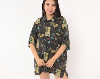 Y2K Dragonfly Postcard Silk Shirt Nature Botanical Floral Button Front Teal Brown Camp Collar Relaxed Fit Unisex Hawaiian Vintage Medium M