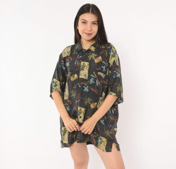 Y2K Dragonfly Postcard Silk Shirt Nature Botanical Floral Button Front Teal Brown Camp Collar Relaxed Fit Unisex Hawaiian Vintage Medium M