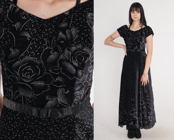 Floral Velvet Dress 80s Party Dress Sparkly Black Maxi High Waisted Long Scalloped Hem Rose Print Formal Cocktail Prom Vintage 1980s Small S