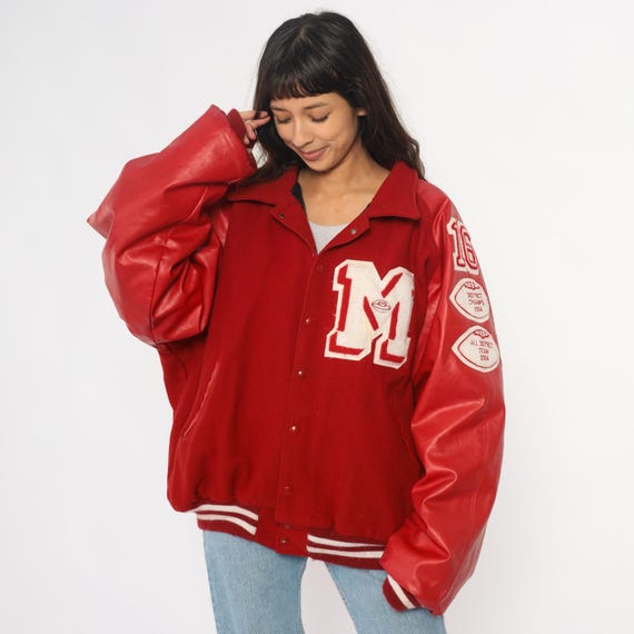 Varsity Letterman Jacket Y2K Red Wool Leather Sleeves Football Patches 2004 District Champs Athletic Sportswear Extra Extra Extra Large 3XL
