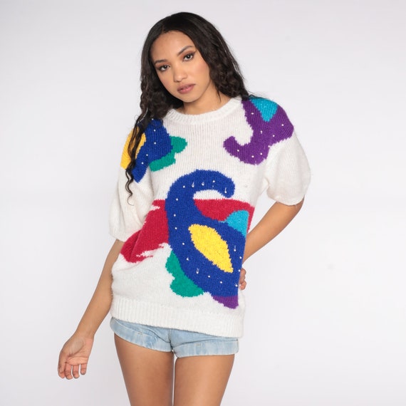 90s Knit Top Paisley Sweater White Beaded Short Sleeve Sweater Top 80s Vintage 1990s Acrylic Knit Sweater Knitwear Knitted Sweater 22W