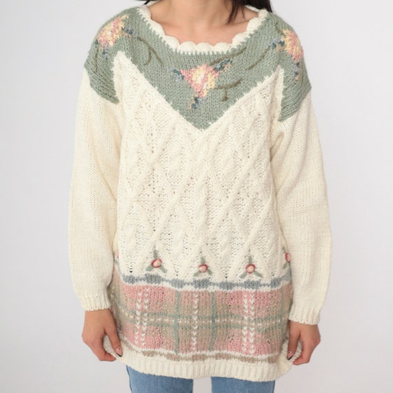 Vintage Hand-Knit Sweater 90s Floral Pattern Chunky Knit Cream Green Pink Long Sleeve Casual Corner Women's Pullover Large