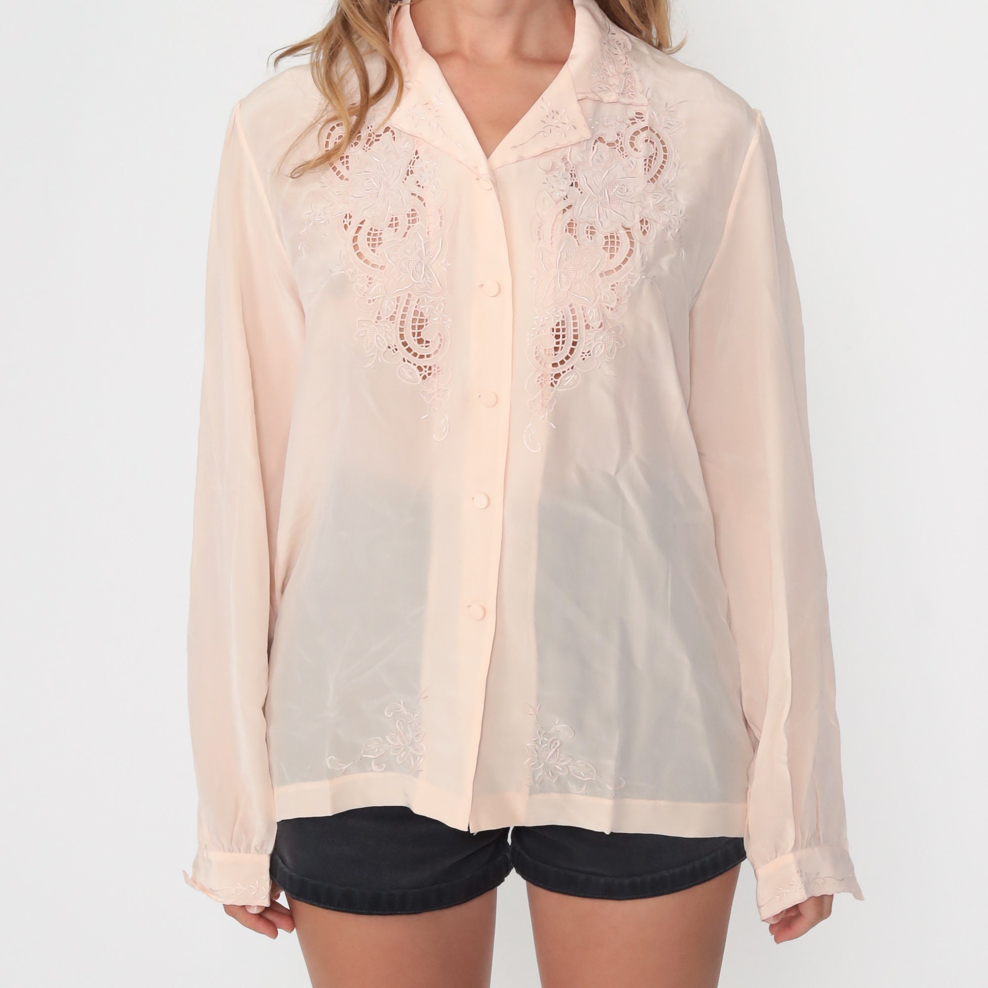 Embroidered SILK Blouse Baby Pink Cutwork Blouse Open Weave Cut Out Top 80s Button Up Long 