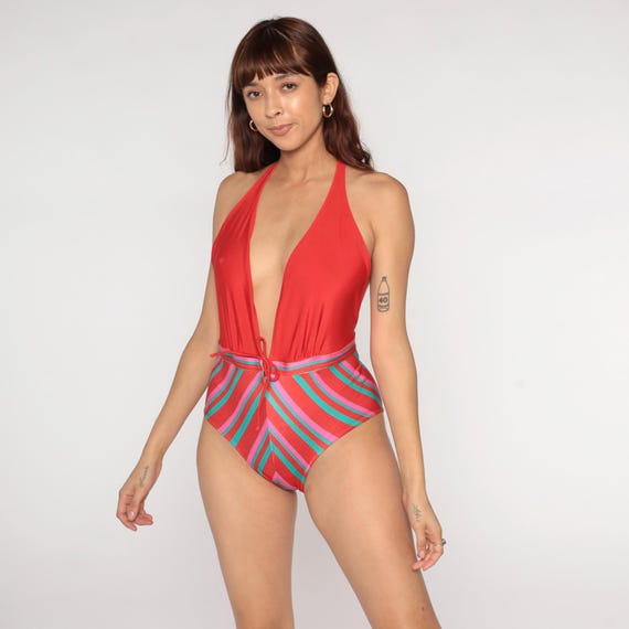 80s Striped Swimsuit One Piece Halter Plunge Neck Backless High Cut Coral Pink Turquoise Vintage Bathing Suit Deep V Summer Beach Medium M