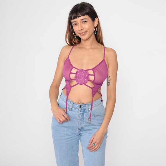Purple Bustier Bralette Lingerie Top 00s Garter Strap Mesh Cage Bra Retro Lace Floral Sexy Boudoir Intimates Vintage 2000s Small Medium