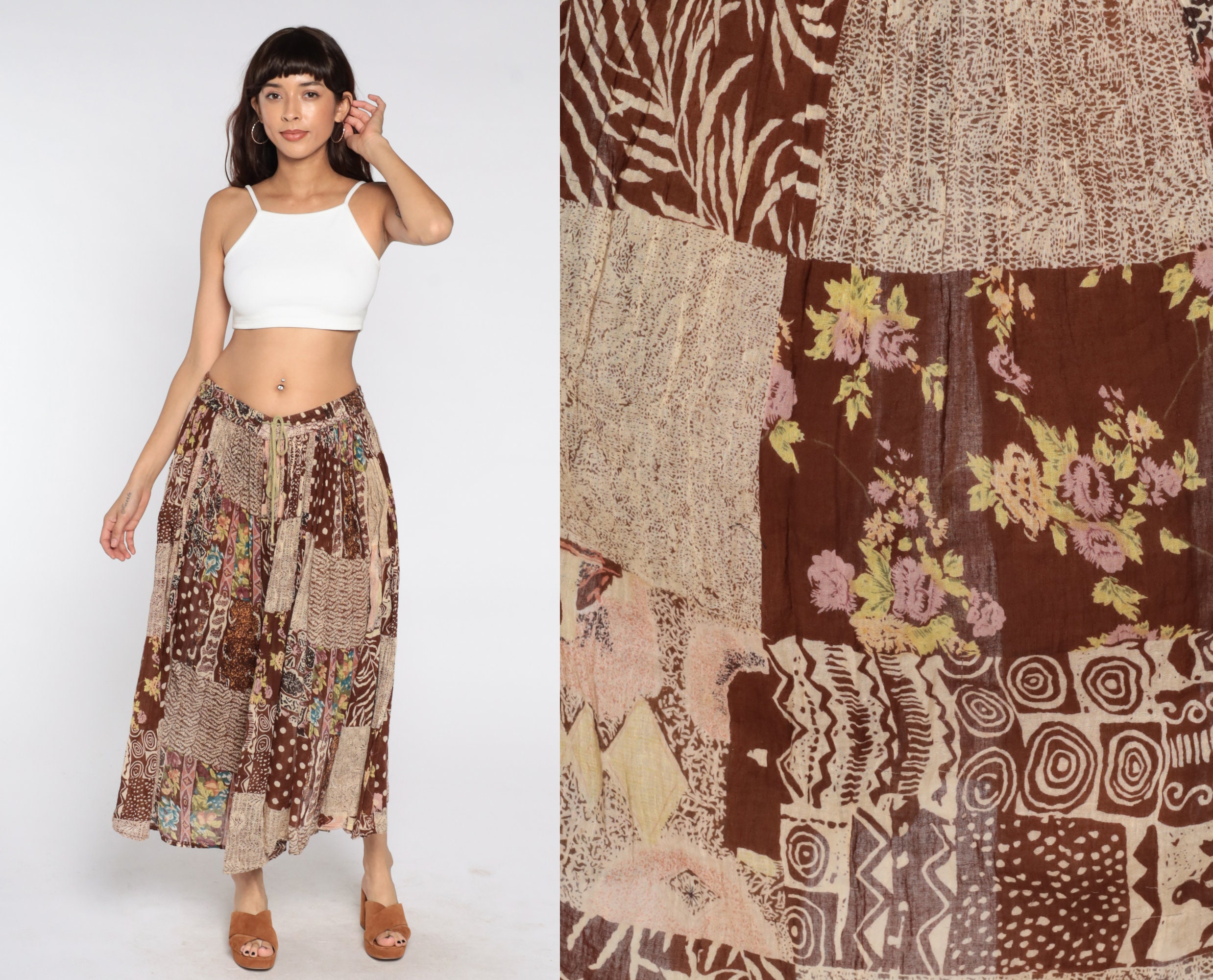 Patchwork Broomstick Skirt Boho Skirt Brown Floral Skirt Gypsy Midi