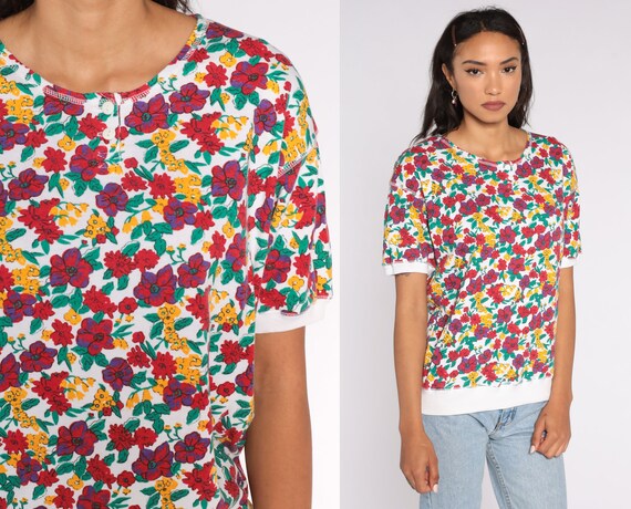 80s Floral Shirt Henley Shirt Slouchy Graphic Blouse Short Sleeve T Shirt 1980s Vintage retro Red White Large L