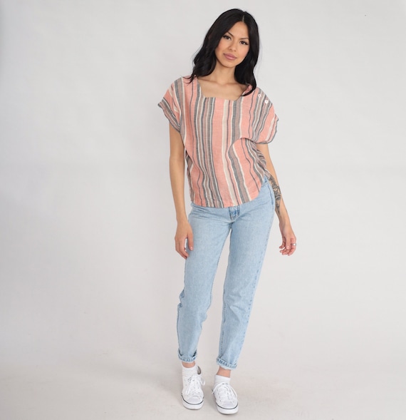 Pink Striped Blouse 80s Button Shoulder Shirt Short Sleeve Top Retro Shirt Casual Basic Top Beige Grey 1980s Vintage Medium 8