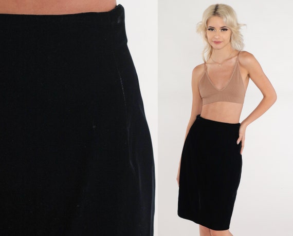Black Velvet Skirt 90s Pencil Skirt Simple High Waisted Mini Skirt Goth Party Retro Boho Chic Gothic Basic Plain Minimalist Vintage 1990s XS